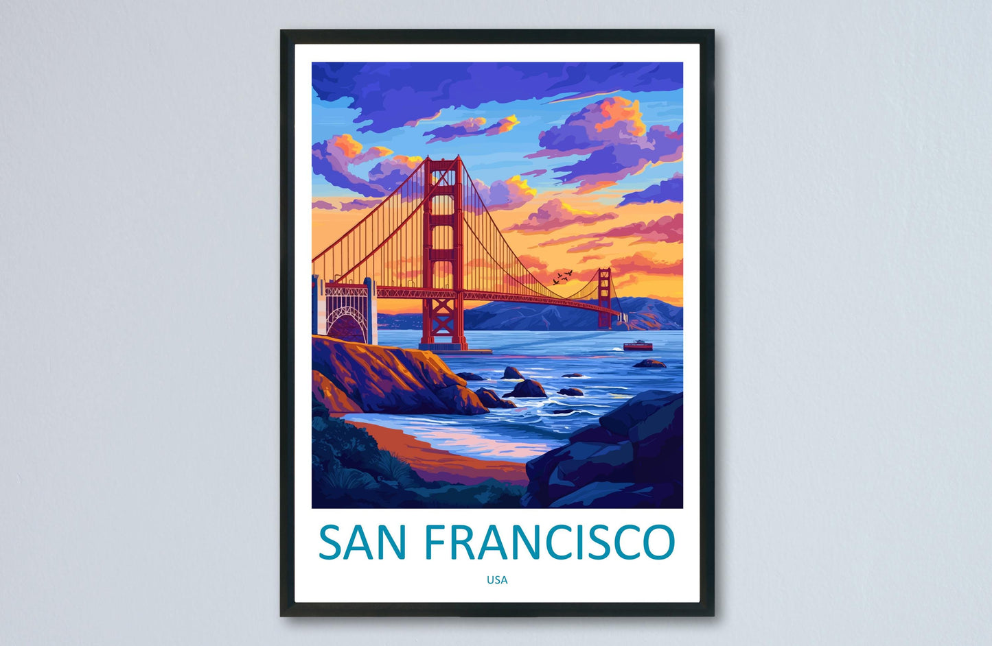 San Francisco Travel Poster California Wall Art Golden Gate Print City View Illustration Bay Area Decor San Francisco Gift Souvenir