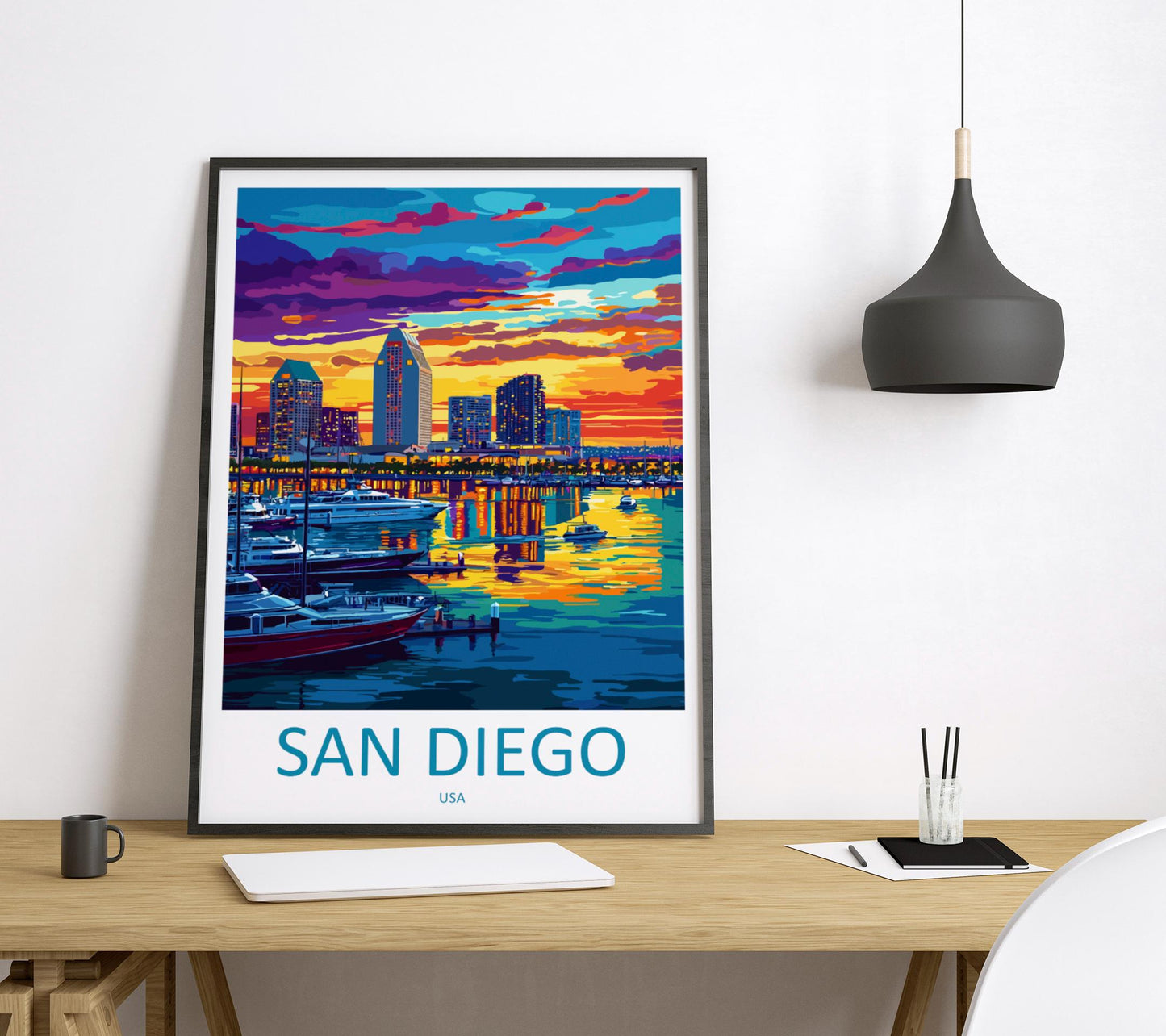 San Diego Travel Poster California Wall Art Coastal City Print Palm Tree View Illustration Waterfront Decor San Diego Gift Souvenir