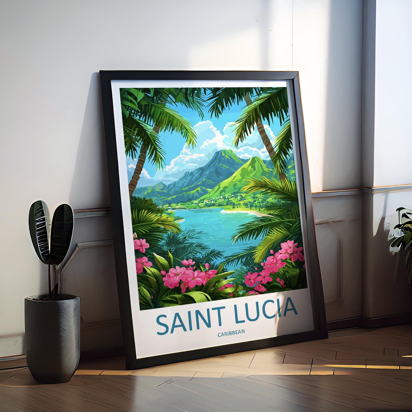 Saint Lucia Travel Poster Caribbean Wall Art Island Coast Print Pitons View Illustration Tropical Decor Saint Lucia Gift Souvenir