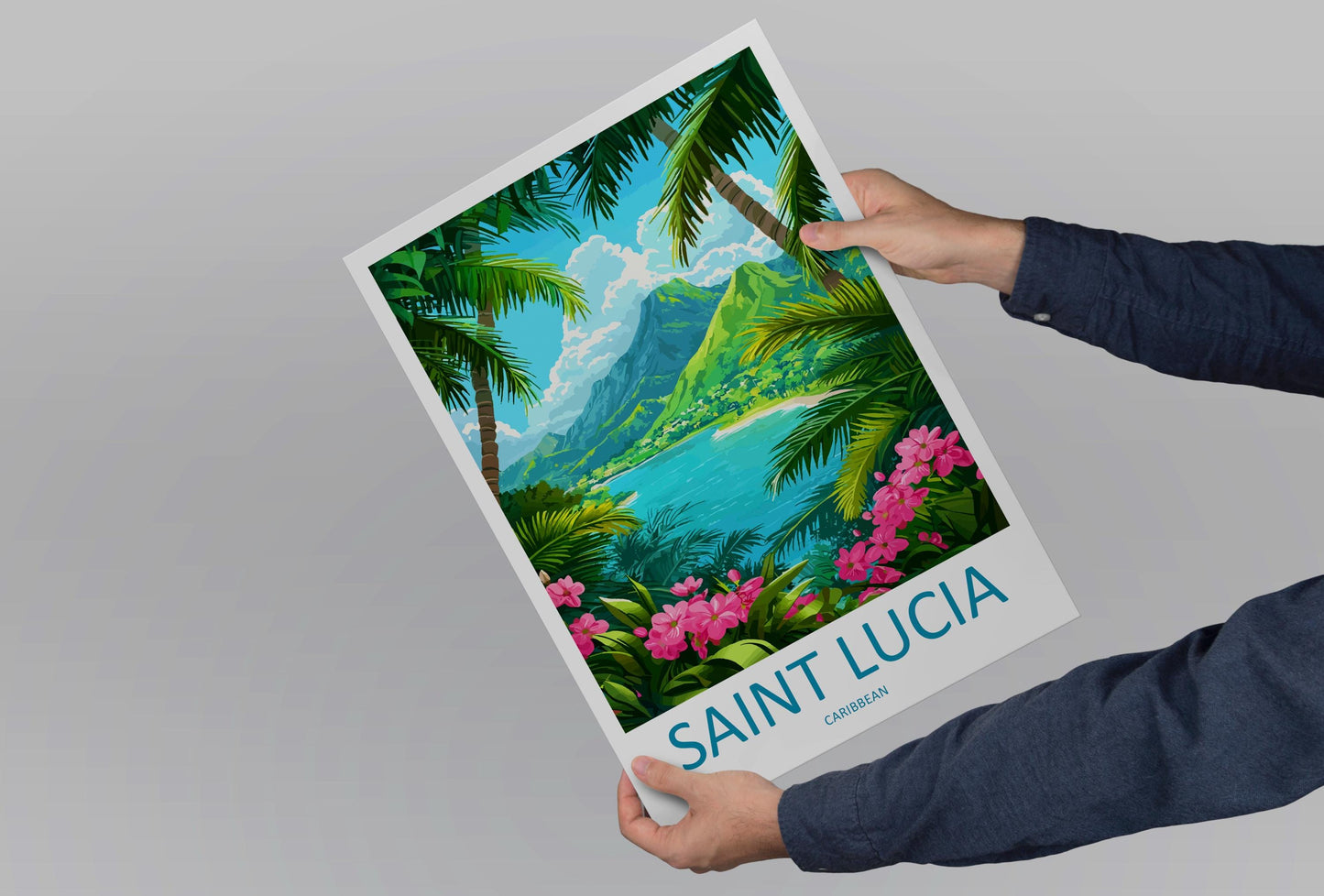 Saint Lucia Travel Poster Caribbean Wall Art Island Coast Print Pitons View Illustration Tropical Decor Saint Lucia Gift Souvenir