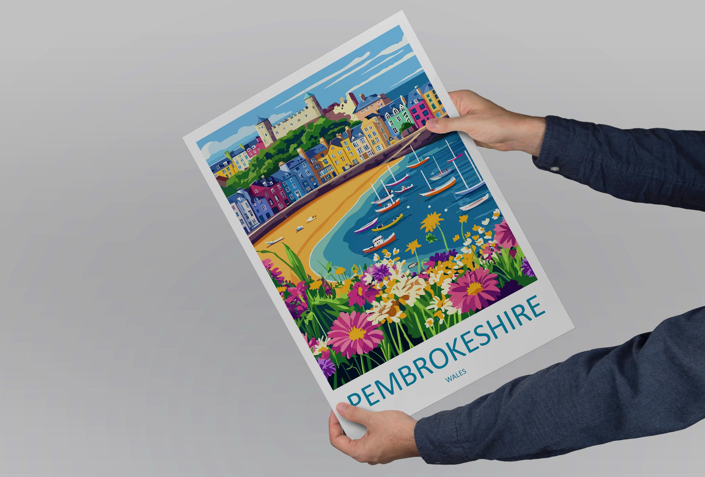 Pembrokeshire Travel Poster Wales Wall Art Coastal Town Print Seaside Path Illustration Harbour View Decor Pembrokeshire Gift Souvenir