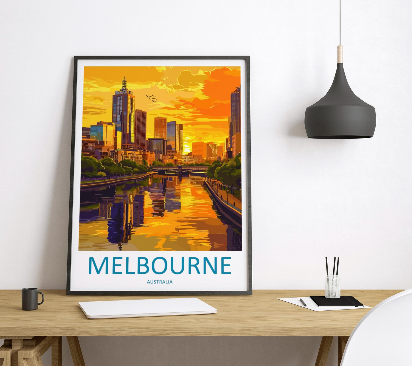 Melbourne Travel Poster Australia Wall Art Cityscape Print Yarra River View Illustration Urban Decor Melbourne Gift Souvenir Scene