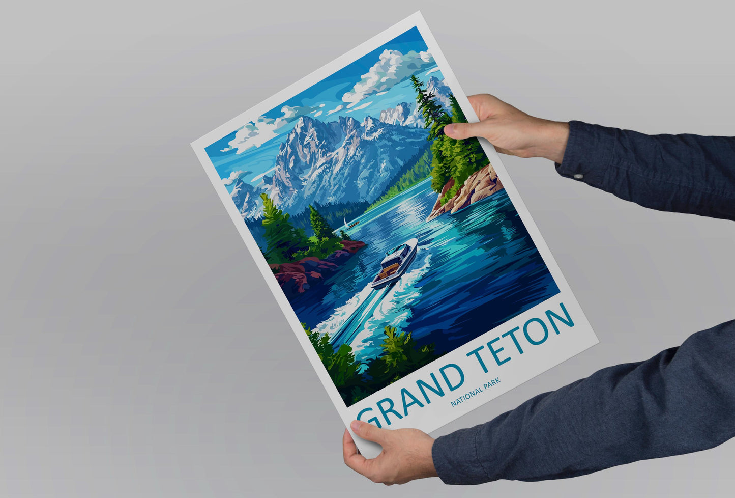 Grand Teton National Park Travel Poster Wyoming Wall Art Mountain View Print Alpine Scene Illustration Nature Decor Gift Souvenir