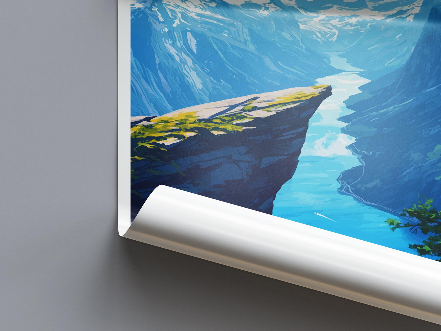 Norway Fjords Travel Poster Nordic Wall Art Coastal Landscape Print Cliff View Illustration Nature Decor Fjord Gift Souvenir Scene