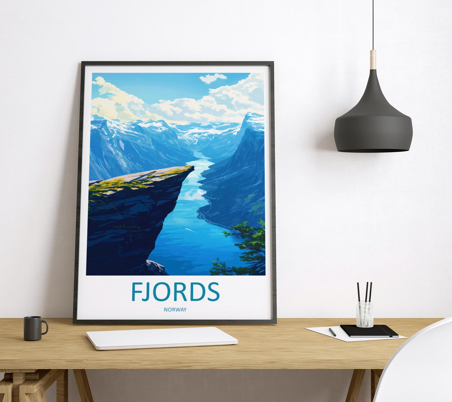 Norway Fjords Travel Poster Nordic Wall Art Coastal Landscape Print Cliff View Illustration Nature Decor Fjord Gift Souvenir Scene