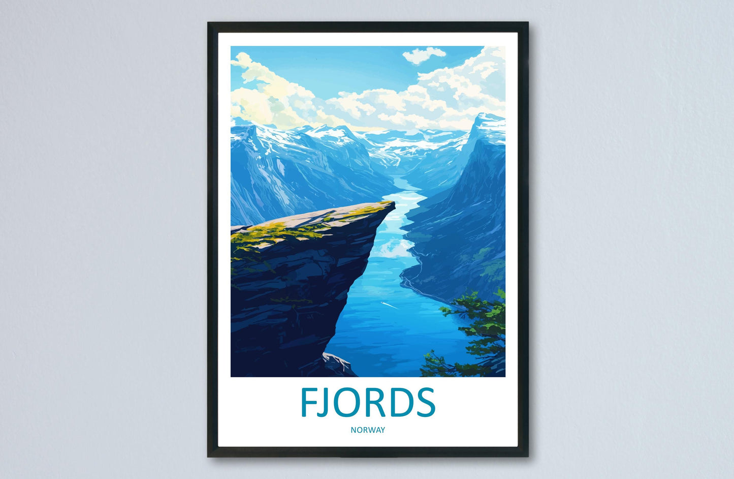Norway Fjords Travel Poster Nordic Wall Art Coastal Landscape Print Cliff View Illustration Nature Decor Fjord Gift Souvenir Scene