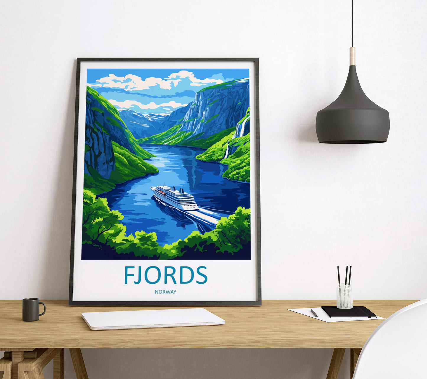 Norway Fjords Travel Poster Nordic Wall Art Coastal Landscape Print Cliff View Illustration Nature Decor Fjord Gift Souvenir Scene