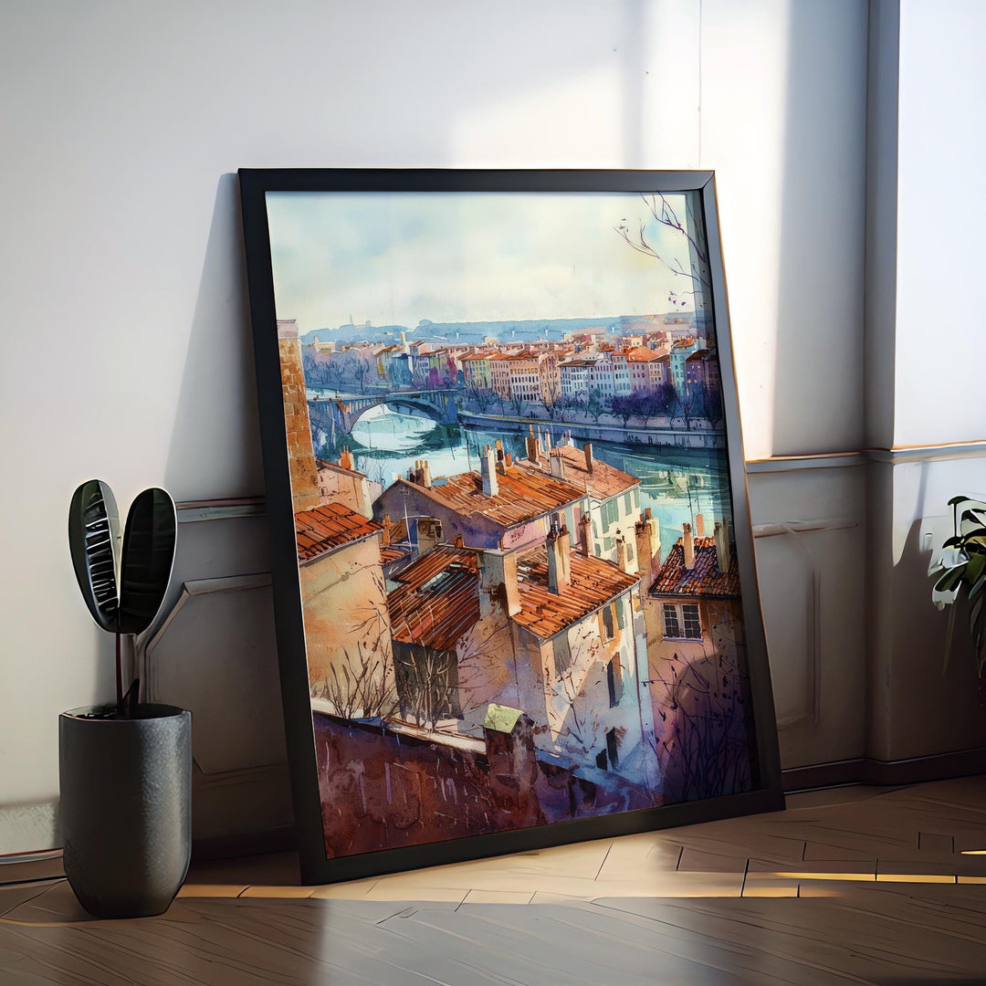 Lyon Watercolor Poster Lyon Travel Print France Wall Art Lyon Decor Historic City Scene Rhône River View French Architecture Landscape