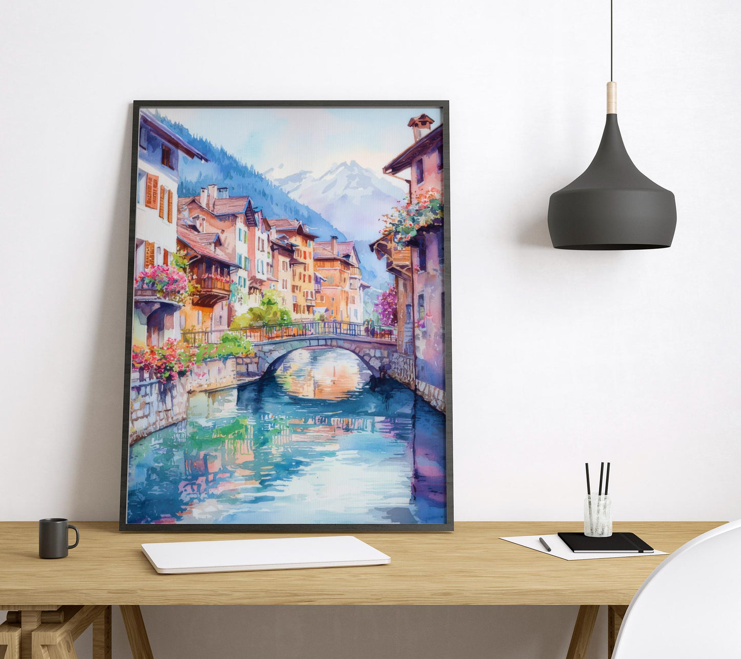Annecy Watercolor Poster Annecy Travel Print France Wall Art Annecy Decor Lake Scene French Alps City Landscape Canal Village View