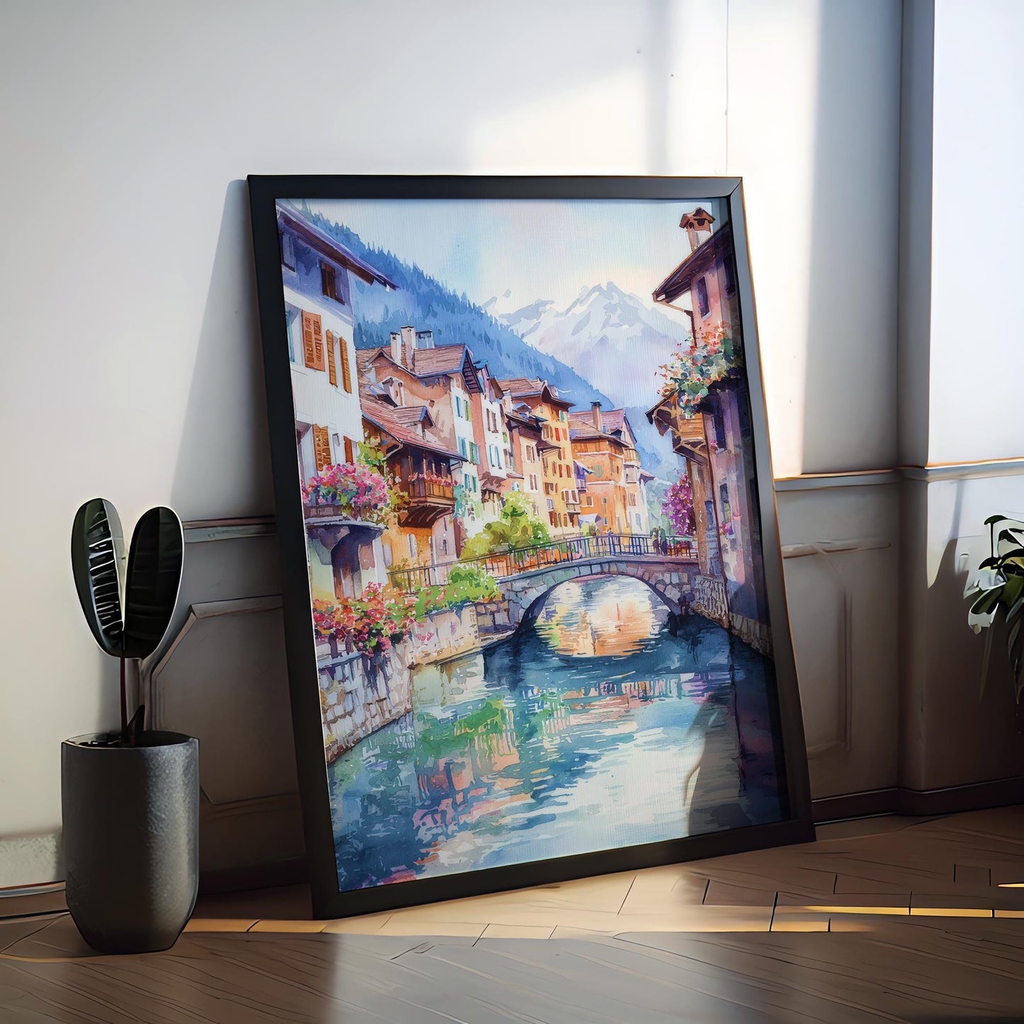 Annecy Watercolor Poster Annecy Travel Print France Wall Art Annecy Decor Lake Scene French Alps City Landscape Canal Village View