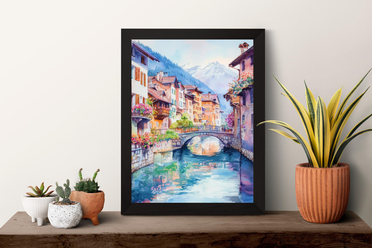 Annecy Watercolor Poster Annecy Travel Print France Wall Art Annecy Decor Lake Scene French Alps City Landscape Canal Village View
