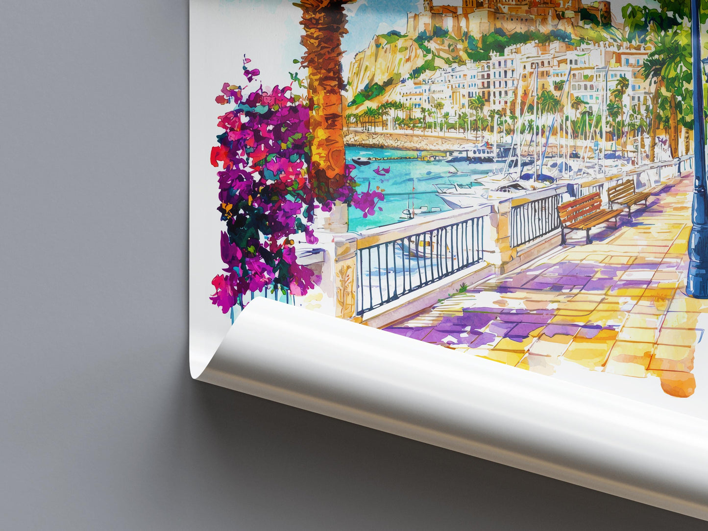 Alicante Watercolor Poster Alicante Travel Print Spain Wall Art Alicante Decor Coastal City Scene Castle Beach Spanish View Landscape