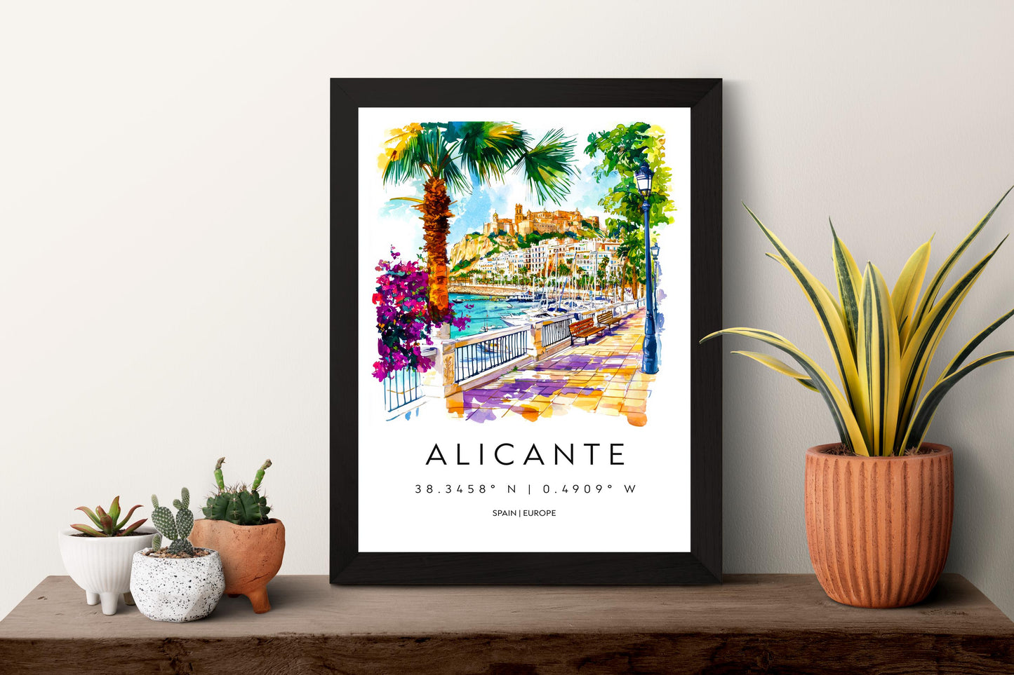 Alicante Watercolor Poster Alicante Travel Print Spain Wall Art Alicante Decor Coastal City Scene Castle Beach Spanish View Landscape