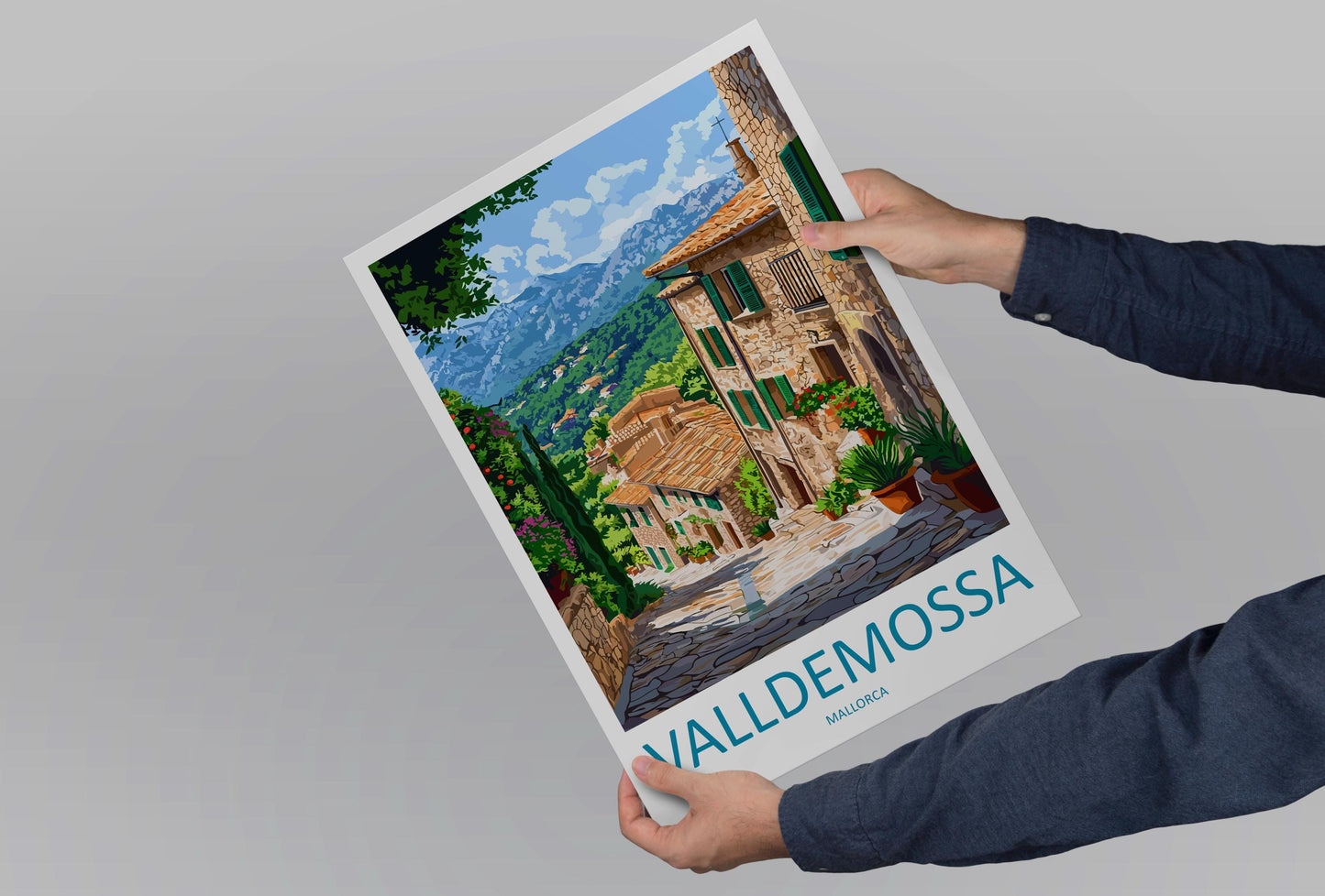 Valldemossa Travel Poster Mallorca Wall Art Village View Print Mountain Scene Illustration Mediterranean Decor Gift Souvenir