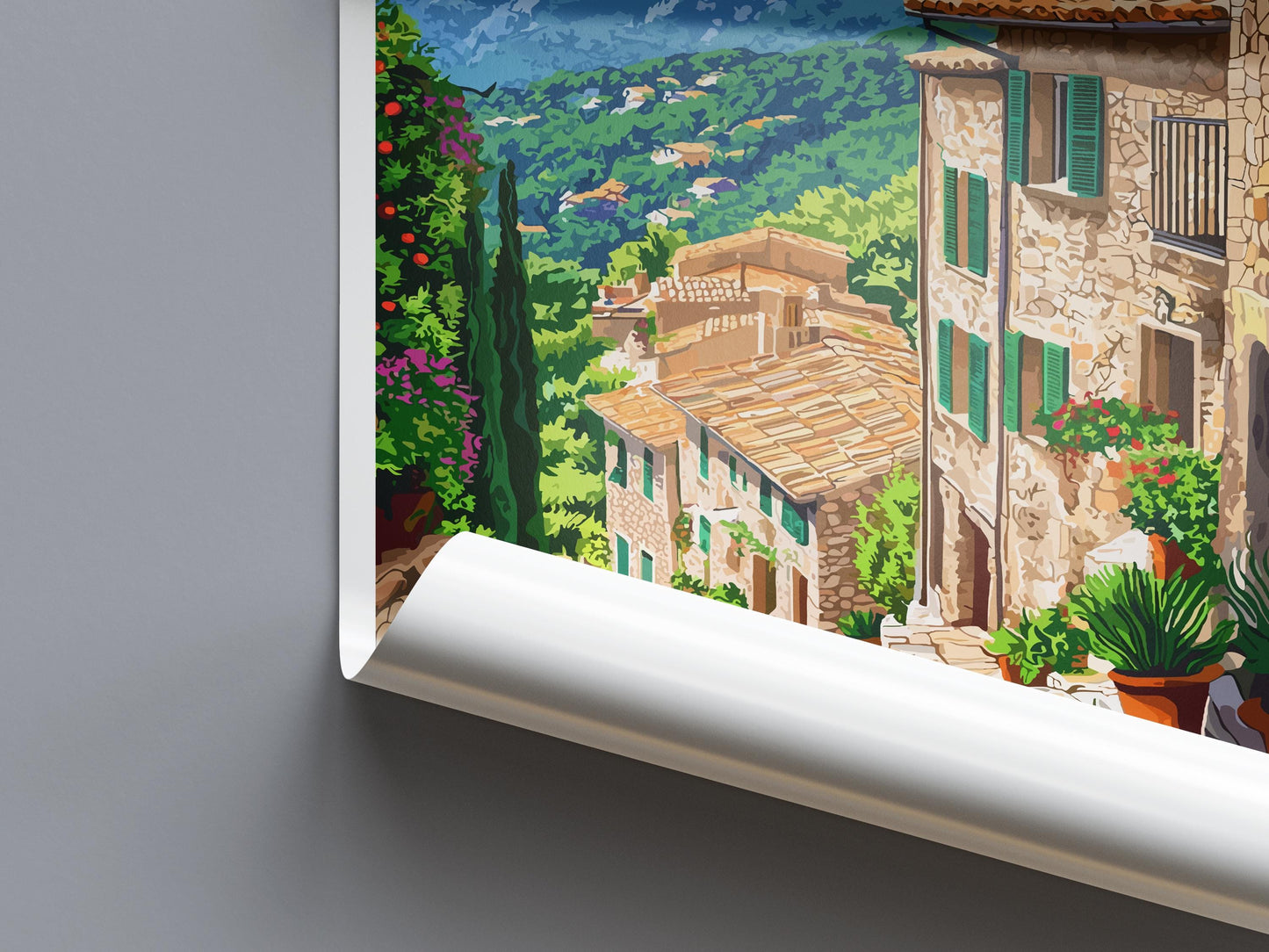 Valldemossa Travel Poster Mallorca Wall Art Village View Print Mountain Scene Illustration Mediterranean Decor Gift Souvenir
