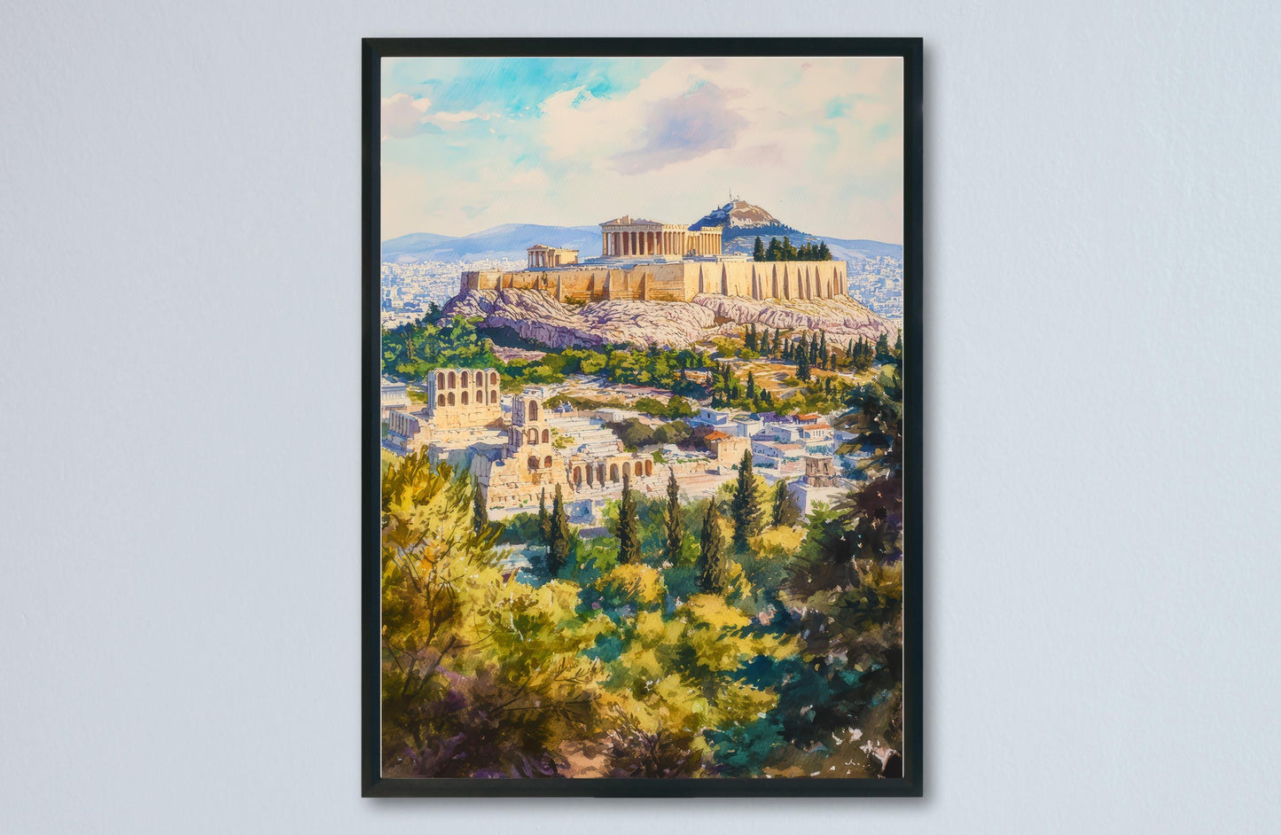 Athens Watercolor Poster Greece Travel Print Wall Art Home Decor Gift Greek Souvenir Iconic Cityscape Landmark Art