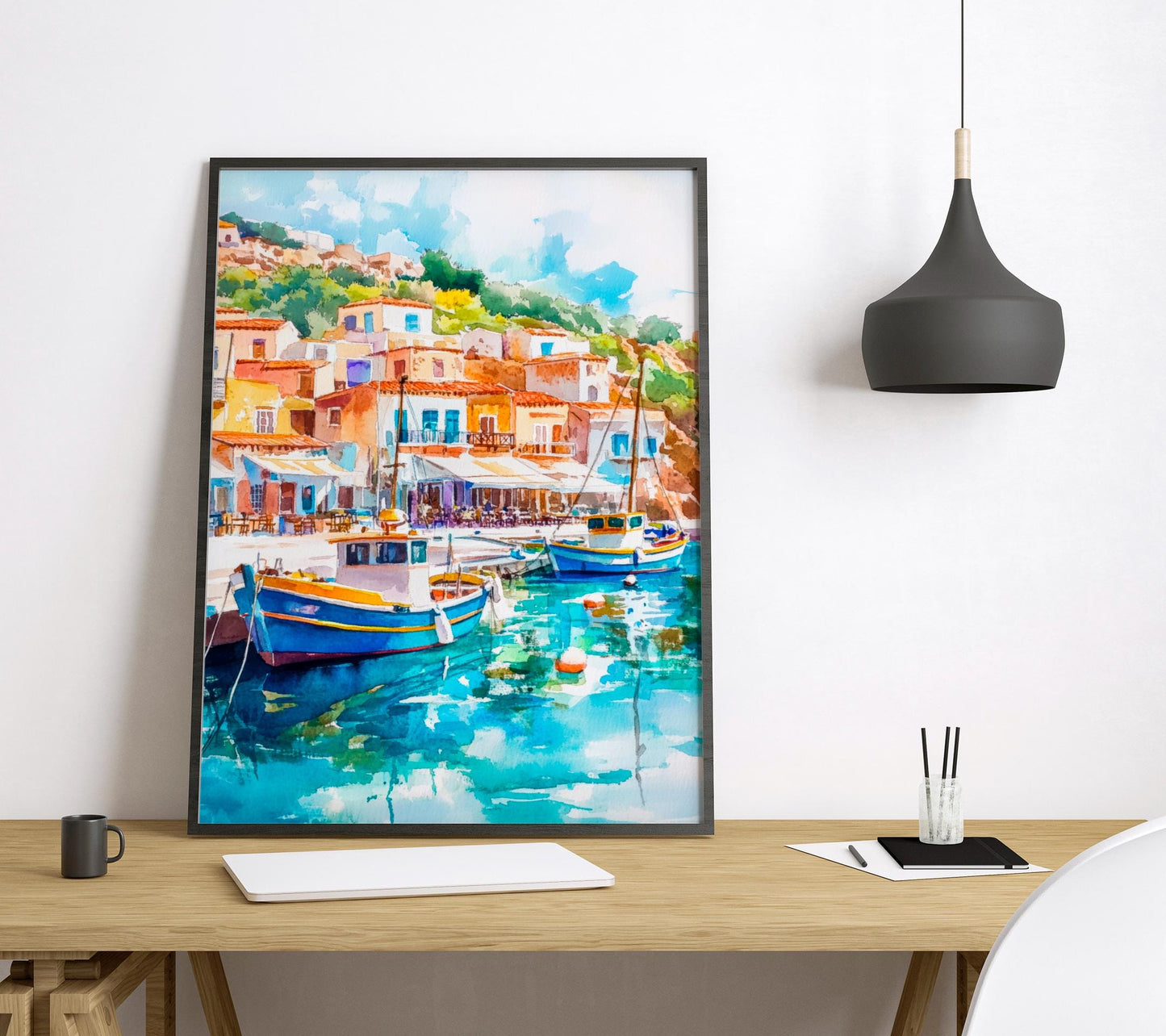 Samos Watercolor Poster Greece Travel Print Wall Art Home Decor Gift Greek Isle Souvenir Beach Vineyard Mountain View Wall Decor Hanging
