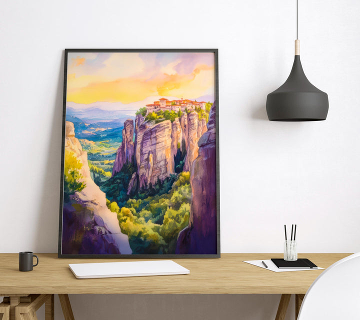 Meteora Watercolor Poster Greece Travel Print Wall Art Home Decor Gift Greek Site Souvenir Monasteries Cliffs Pilgrimage Wall Decor Hanging