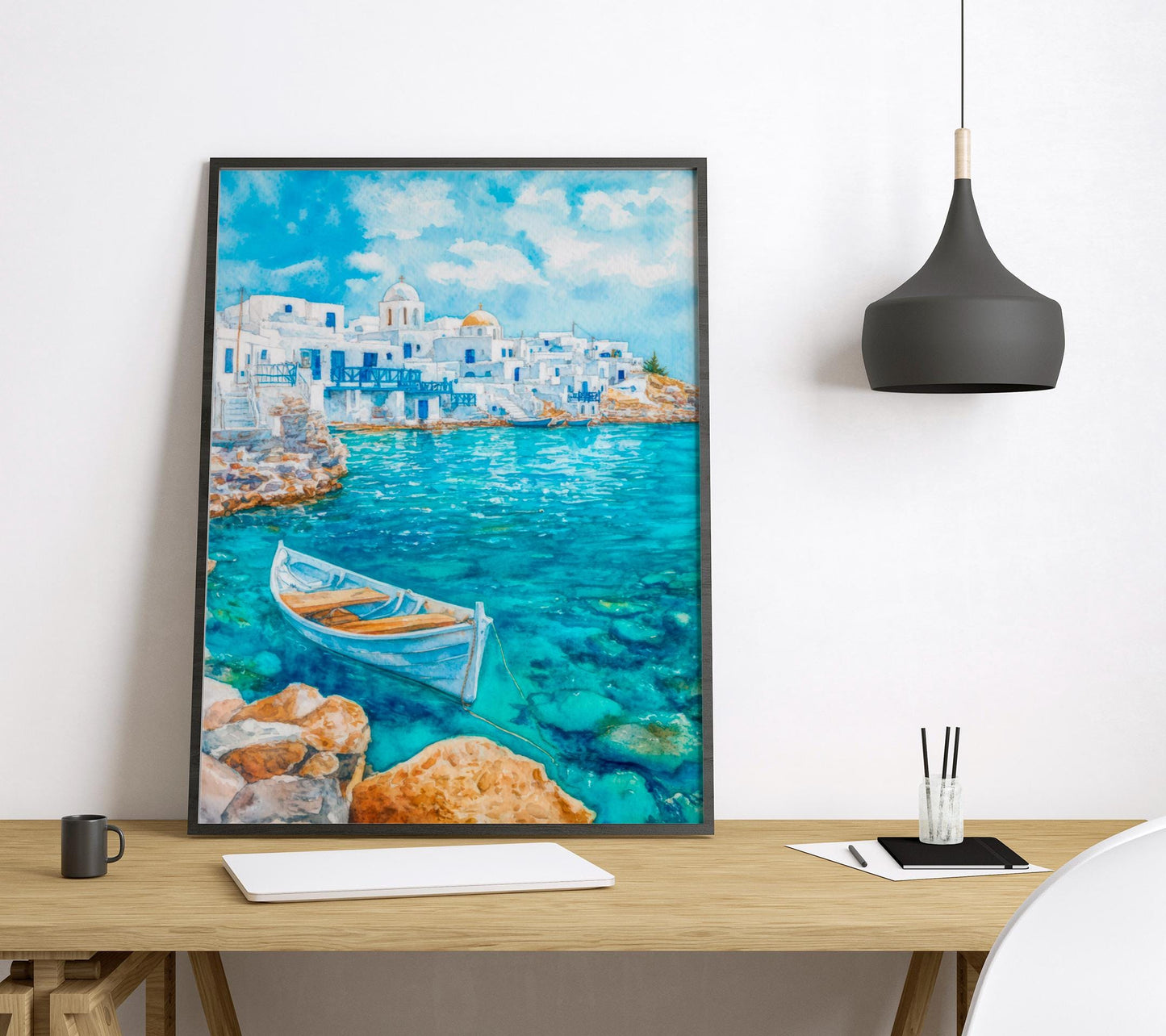 Paros Watercolor Poster Greece Travel Print Wall Art Home Decor Gift Greek Isle Souvenir Naoussa Beach Villages Wall Decor Hanging