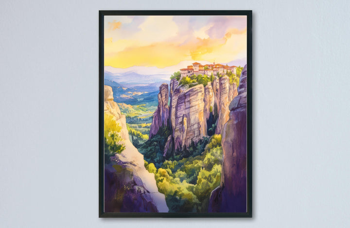 Meteora Watercolor Poster Greece Travel Print Wall Art Home Decor Gift Greek Site Souvenir Monasteries Cliffs Pilgrimage Wall Decor Hanging