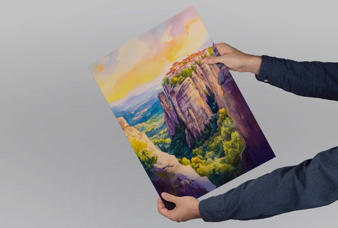 Meteora Watercolor Poster Greece Travel Print Wall Art Home Decor Gift Greek Site Souvenir Monasteries Cliffs Pilgrimage Wall Decor Hanging