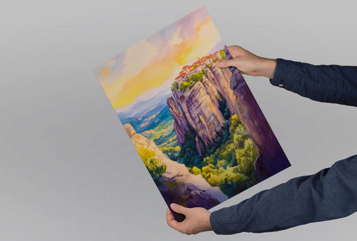 Meteora Watercolor Poster Greece Travel Print Wall Art Home Decor Gift Greek Site Souvenir Monasteries Cliffs Pilgrimage Wall Decor Hanging