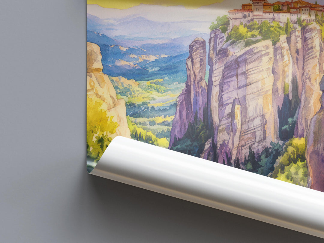 Meteora Watercolor Poster Greece Travel Print Wall Art Home Decor Gift Greek Site Souvenir Monasteries Cliffs Pilgrimage Wall Decor Hanging