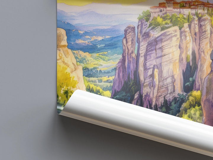Meteora Watercolor Poster Greece Travel Print Wall Art Home Decor Gift Greek Site Souvenir Monasteries Cliffs Pilgrimage Wall Decor Hanging