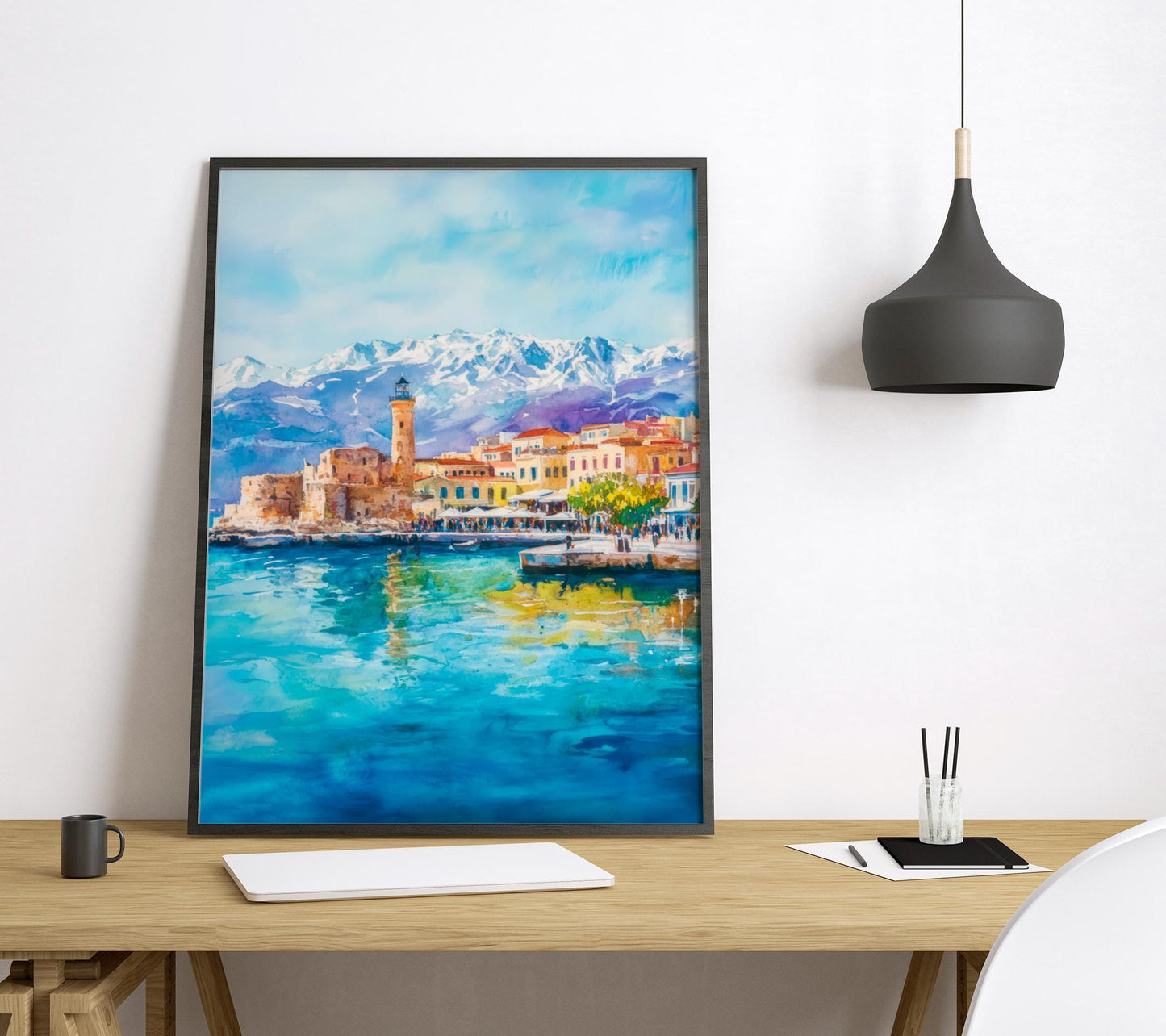 Chania Watercolor Poster Greece Travel Print Wall Art Home Decor Gift Greek City Souvenir Venetian Harbor Lighthouse Wall Decor Hanging