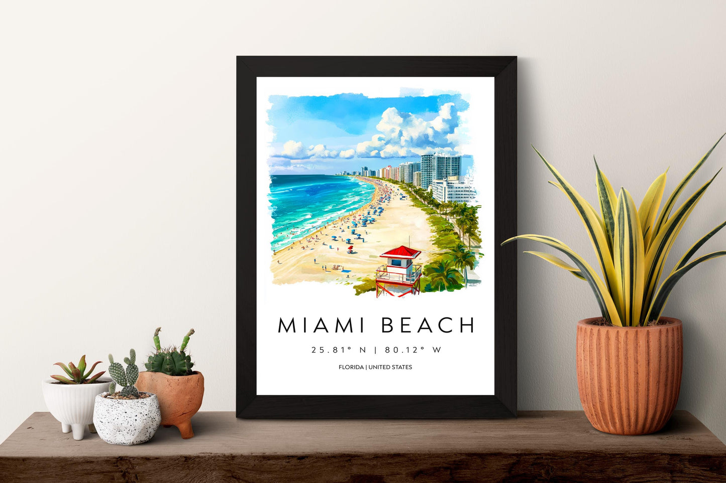 Miami Beach Watercolor Poster Wall Art Miami Beach Wall Decor Home Décor Miami Beach Gift USA Art Lover Gift, Travel Souvenir Print
