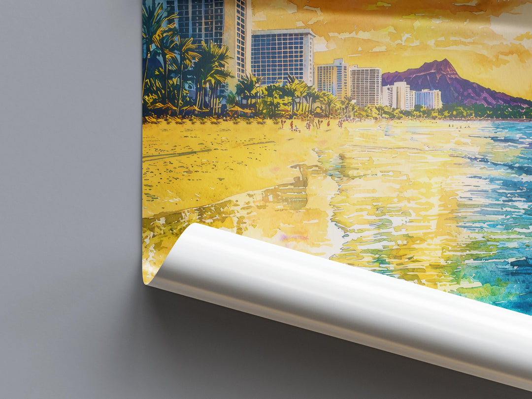Waikiki Beach Watercolor Poster Wall Art Waikiki Beach Wall Hanging Home Décor Waikiki Beach Gift Art Lovers United States Wall Art