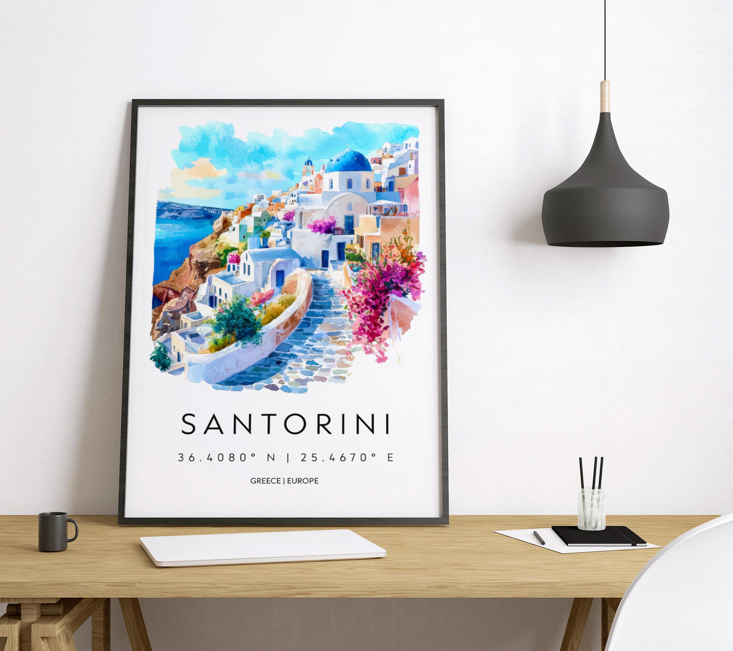 Santorini Watercolor Poster Wall Art Santorini Wall Hanging Home Décor Santorini Gift Art Lovers Greece Wall Art