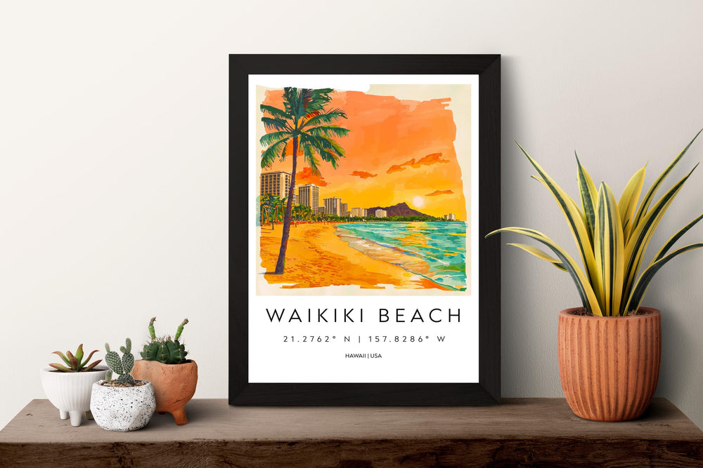 Waikiki Beach Watercolor Poster Wall Art Waikiki Beach Wall Hanging Home Décor Waikiki Beach Gift Art Lovers United States Wall Art