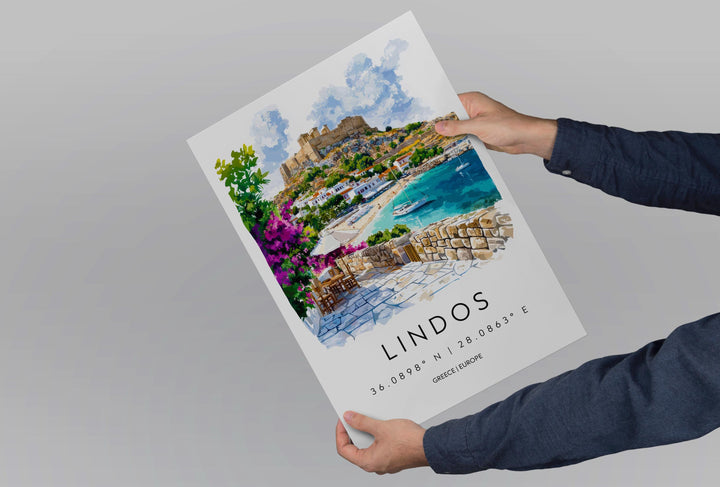 Lindos Watercolor Poster Wall Art Lindos Wall Hanging Home Décor Lindos Gift Art Lovers Greece Wall Art