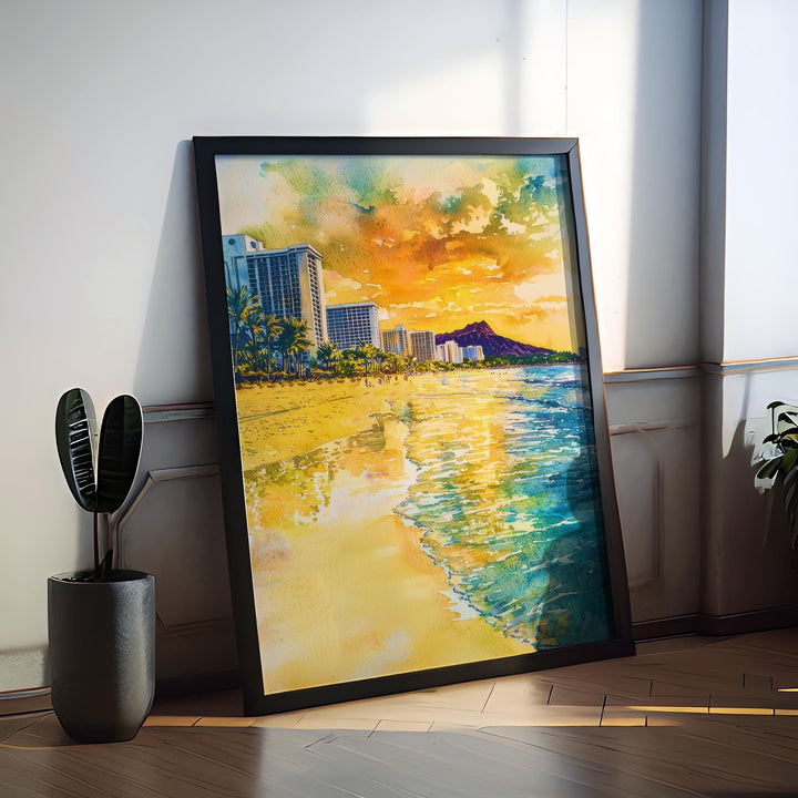 Waikiki Beach Watercolor Poster Wall Art Waikiki Beach Wall Hanging Home Décor Waikiki Beach Gift Art Lovers United States Wall Art