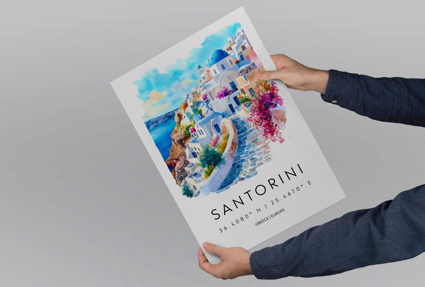 Santorini Watercolor Poster Wall Art Santorini Wall Hanging Home Décor Santorini Gift Art Lovers Greece Wall Art