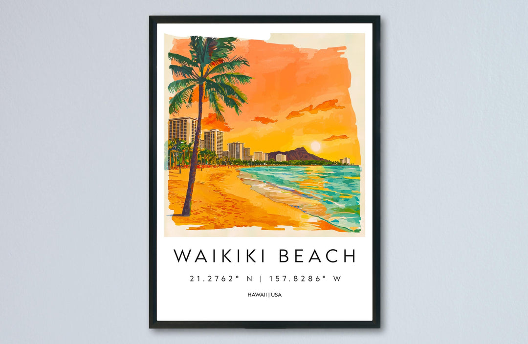 Waikiki Beach Watercolor Poster Wall Art Waikiki Beach Wall Hanging Home Décor Waikiki Beach Gift Art Lovers United States Wall Art