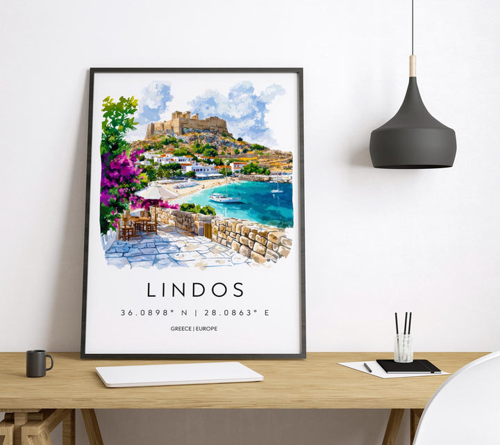 Lindos Watercolor Poster Wall Art Lindos Wall Hanging Home Décor Lindos Gift Art Lovers Greece Wall Art