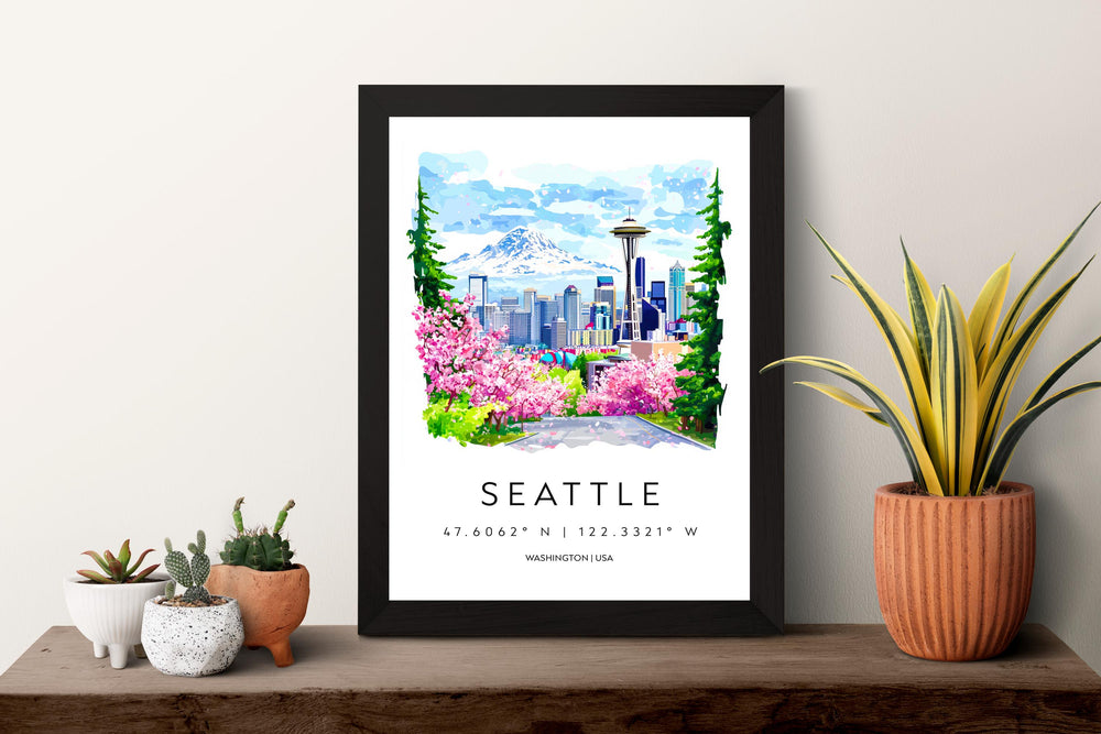 Seattle Watercolor Poster Wall Art Seattle Wall Hanging Home Décor Seattle Gift Art Lovers United States Wall Art