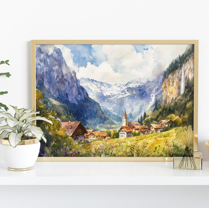 Lauterbrunnen Watercolor Poster Landscape Wall Art Lauterbrunnen Wall Hanging Home Décor Lauterbrunnen Gift Art Lovers Switzerland Wall Art