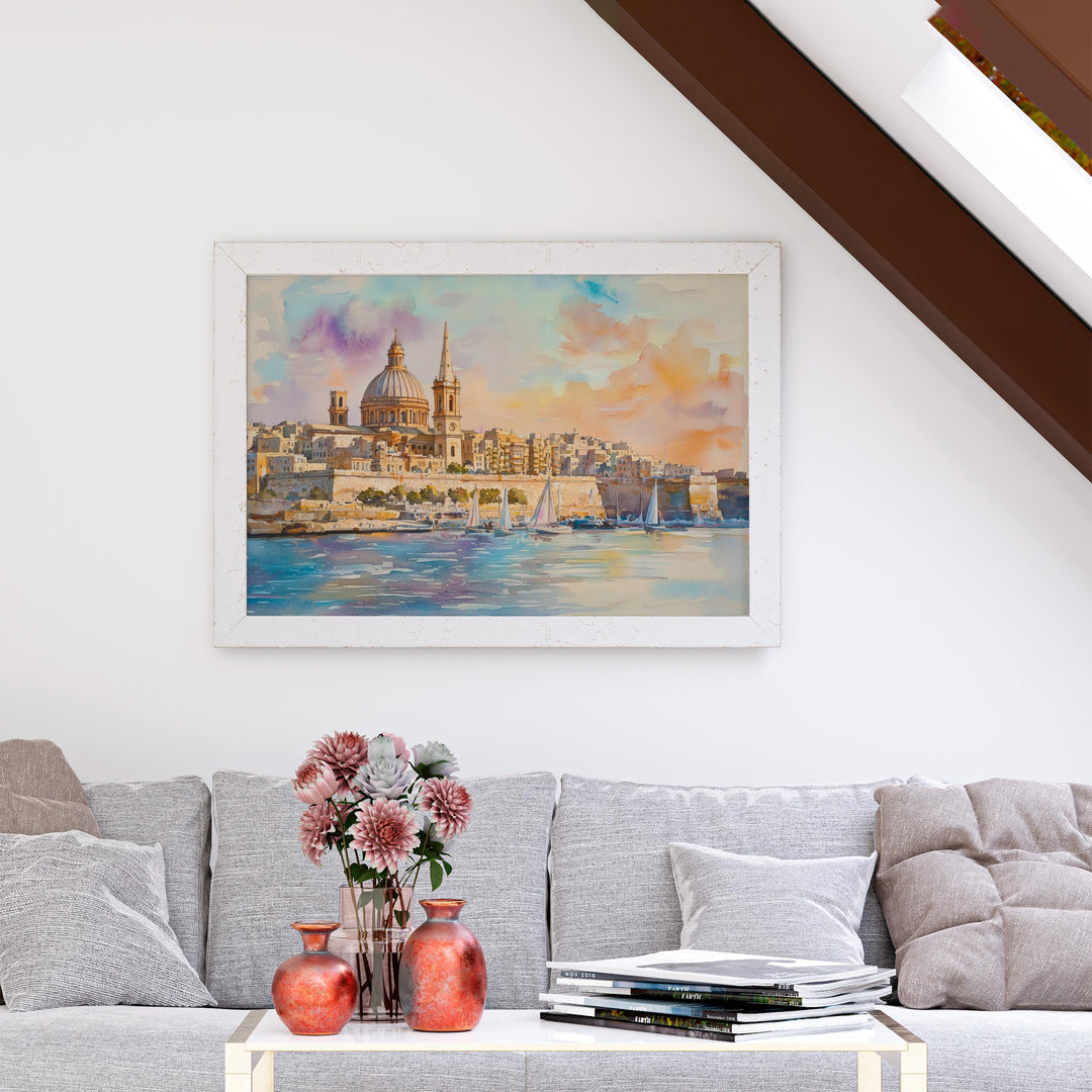 Valletta Watercolor Poster Landscape Wall Art Valletta Wall Hanging Home Décor Valletta Gift Art Lovers Malta Wall Art