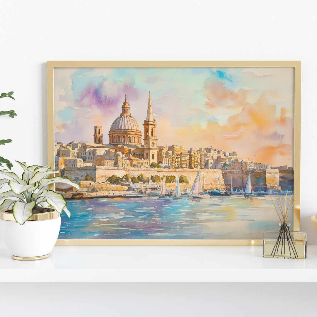 Valletta Watercolor Poster Landscape Wall Art Valletta Wall Hanging Home Décor Valletta Gift Art Lovers Malta Wall Art