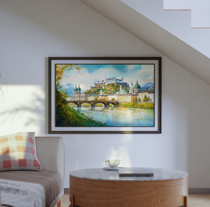 Salzburg Austria Watercolor Poster Salzburg Travel Print Cityscape Painting European Wall Art Old Town Decor Alps Souvenir