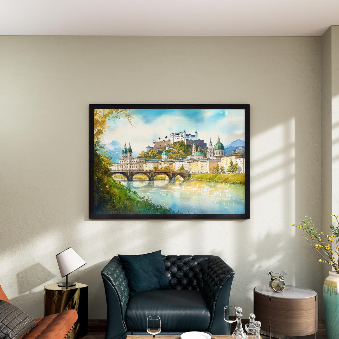 Salzburg Austria Watercolor Poster Salzburg Travel Print Cityscape Painting European Wall Art Old Town Decor Alps Souvenir