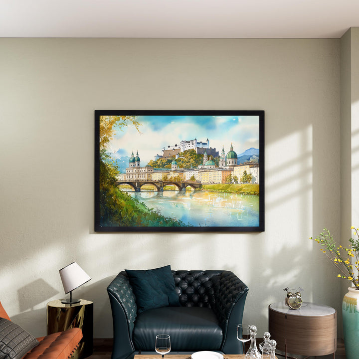 Salzburg Austria Watercolor Poster Salzburg Travel Print Cityscape Painting European Wall Art Old Town Decor Alps Souvenir