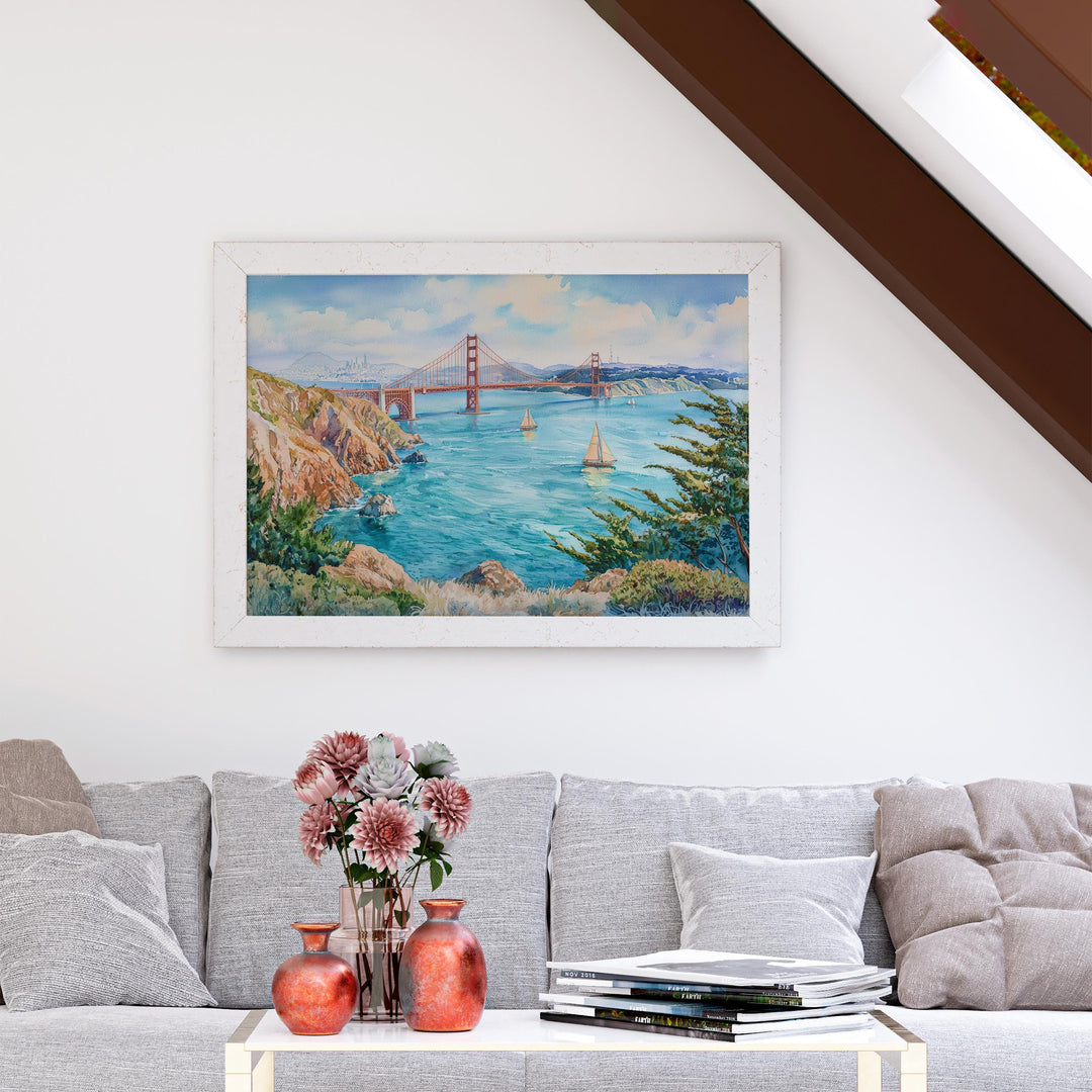 San Francisco California Watercolor Poster San Francisco Travel Print City Skyline Painting Golden Gate Wall Art USA Souvenir