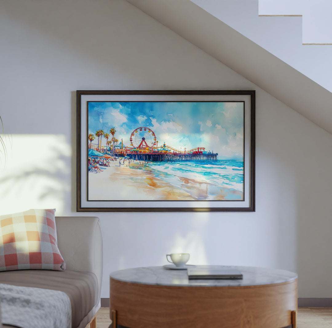 Santa Monica California Watercolor Poster Santa Monica Travel Print Beach Pier Painting Coastal Wall Art USA Souvenir