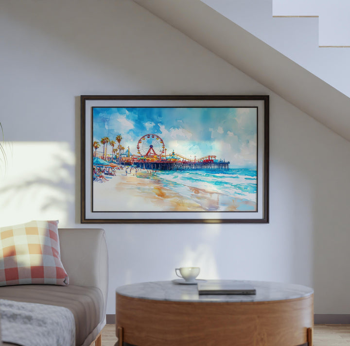 Santa Monica California Watercolor Poster Santa Monica Travel Print Beach Pier Painting Coastal Wall Art USA Souvenir