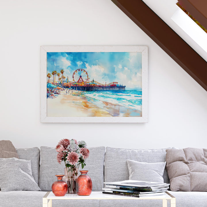 Santa Monica California Watercolor Poster Santa Monica Travel Print Beach Pier Painting Coastal Wall Art USA Souvenir
