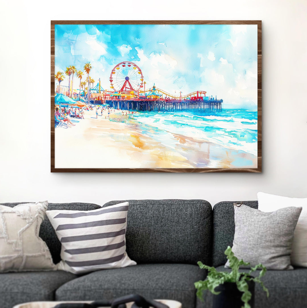 Santa Monica California Watercolor Poster Santa Monica Travel Print Beach Pier Painting Coastal Wall Art USA Souvenir
